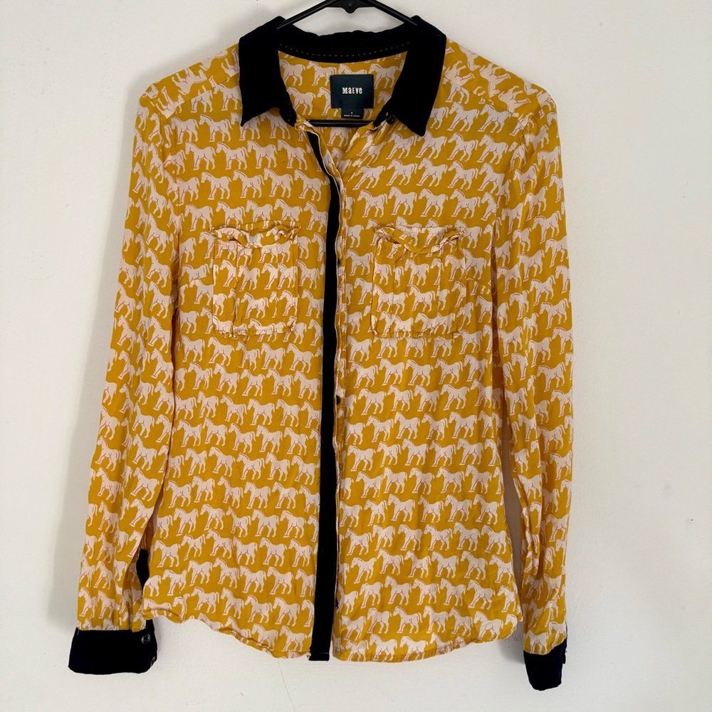 Anthropologie Maeve Yellow Horse Bagatelle Button Down Blouse Black Collar Trim
